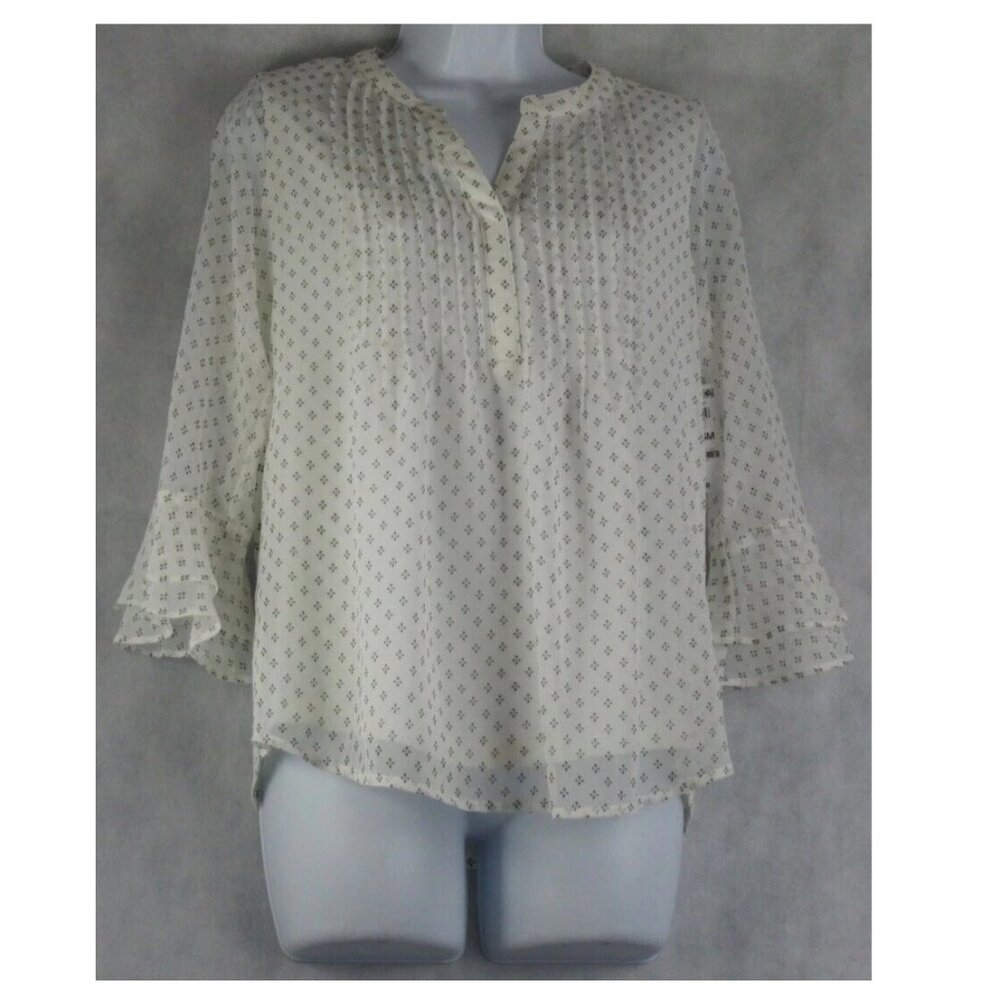 Charter Club Women's Petite 3/4-Sleeve Printed Pintuck Top, Cloud Ivory, PS
